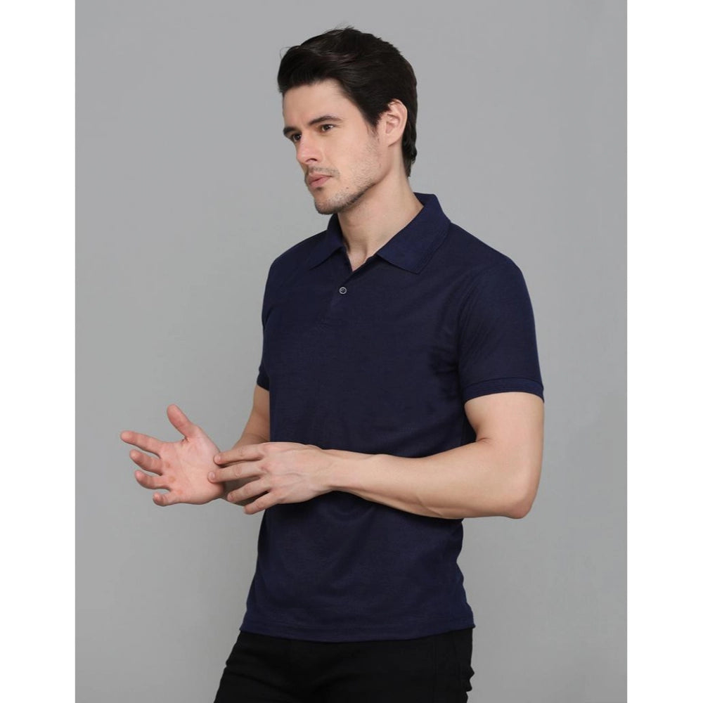 Men's Casual Half Sleeve Solid Cotton Blended Polo Neck T-shirt (Navy Blue)