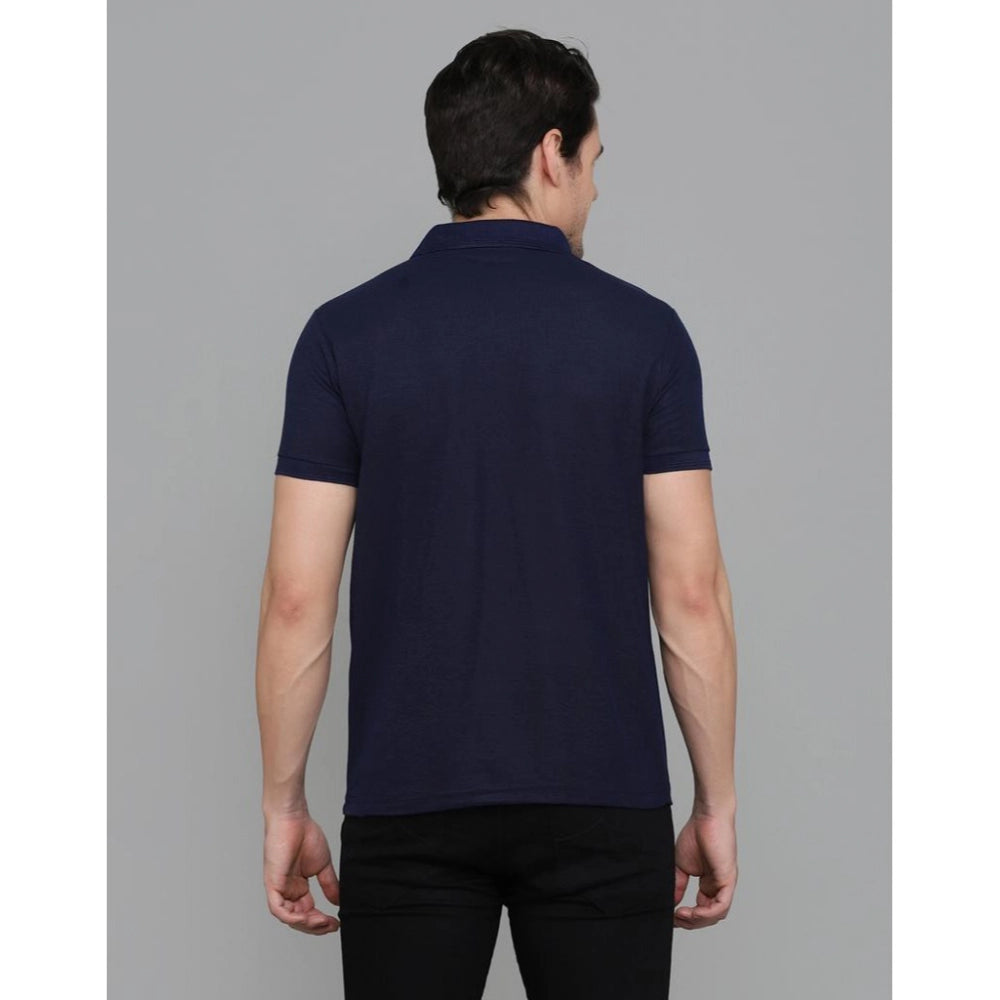 Men's Casual Half Sleeve Solid Cotton Blended Polo Neck T-shirt (Navy Blue)