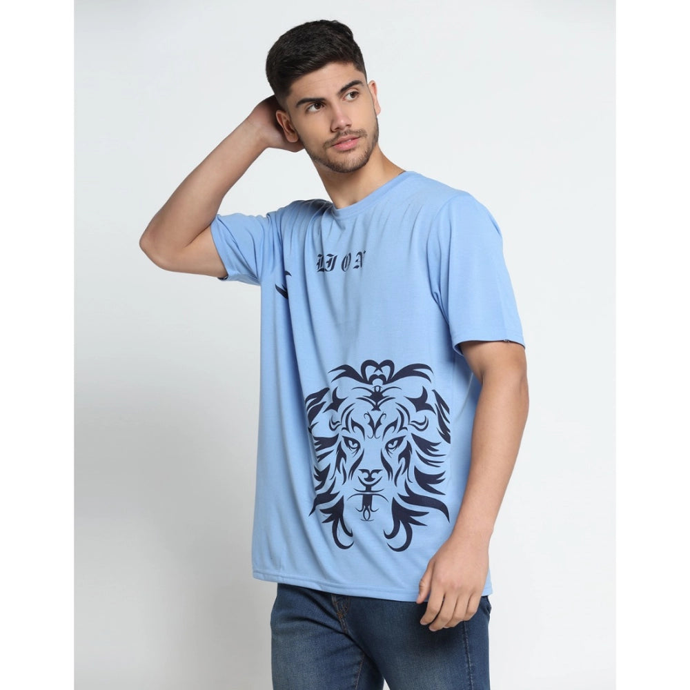 Men's Casual Half Sleeve Printed Cotton Blended Round Neck T-shirt (Sky)