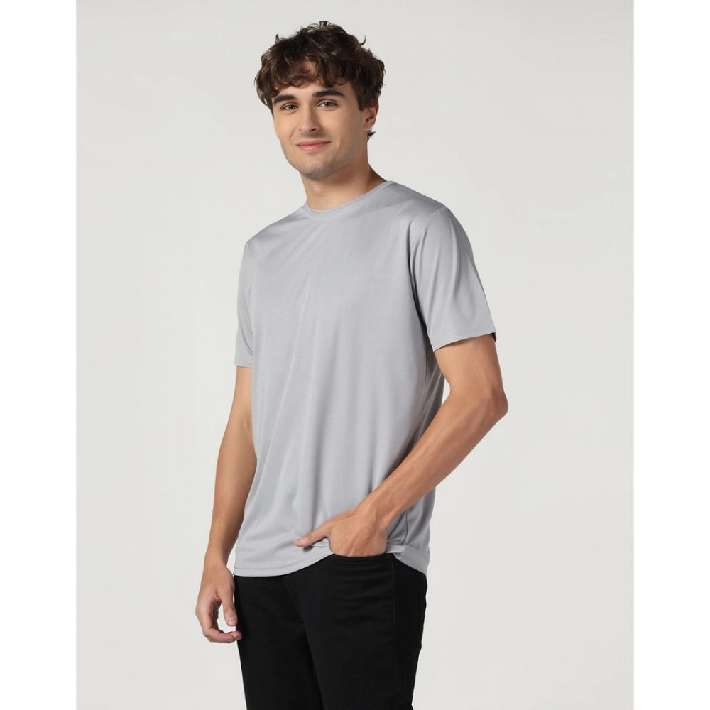 Men's Casual Half Sleeve Solid Polyester Round Neck T-shirt (Lgrey)