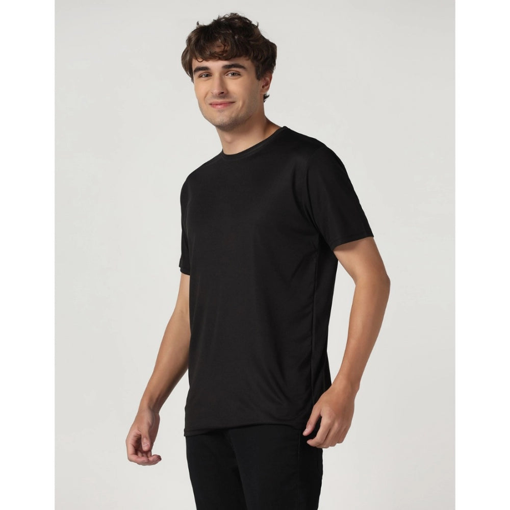 Men's Casual Half Sleeve Solid Polyester Round Neck T-shirt (Black)