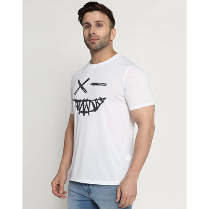 Men's Casual Half Sleeve Printed Cotton Blended Round Neck T-shirt (White)