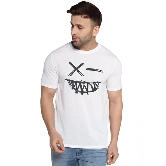 Men's Casual Half Sleeve Printed Cotton Blended Round Neck T-shirt (White)