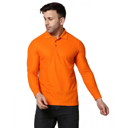 Men's Casual Full Sleeve Solid Cotton Blended Polo Neck T-shirt (Orange)