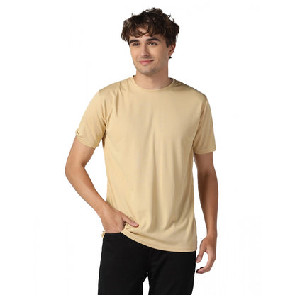 Men's Casual Half Sleeve Solid Polyester Round Neck T-shirt (Beige)