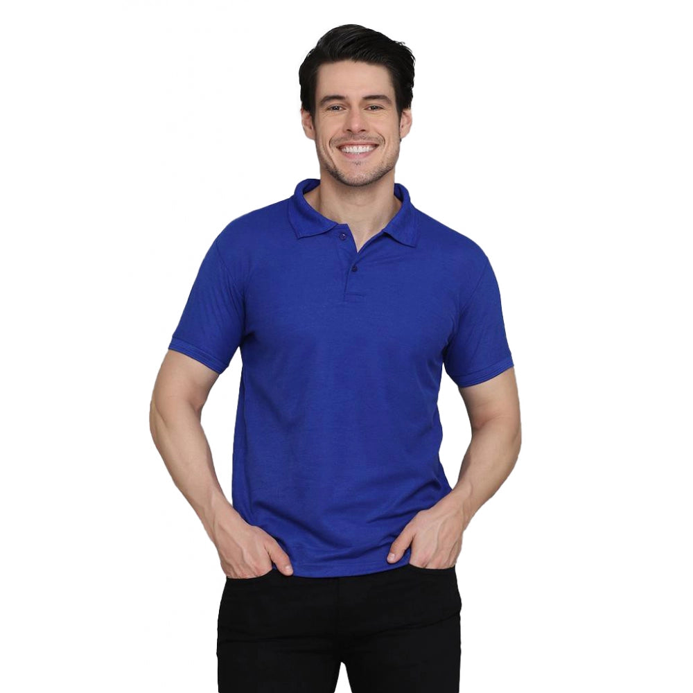 Men's Casual Half Sleeve Solid Cotton Blended Polo Neck T-shirt (Blue)