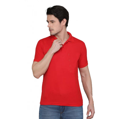 Men's Casual Half Sleeve Solid Cotton Blended Polo Neck T-shirt (Red)