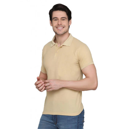 Men's Casual Half Sleeve Solid Cotton Blended Polo Neck T-shirt (Beige)