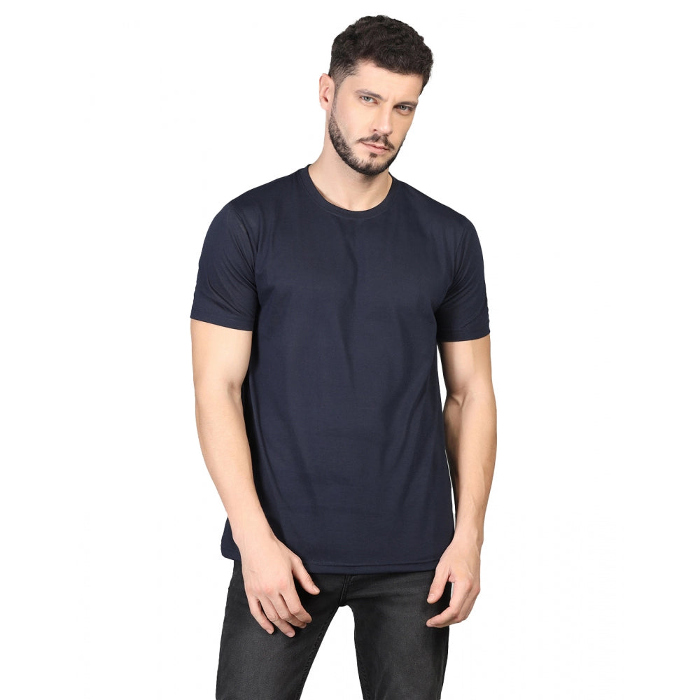 Men's Casual Half Sleeve Solid Cotton Blended Round Neck T-shirt (Dark Blue)