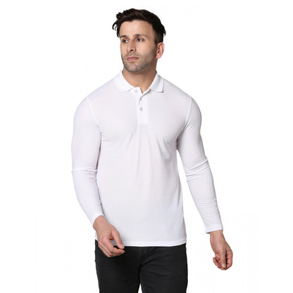 Men's Casual Full Sleeve Solid Cotton Blended Polo Neck T-shirt (White)