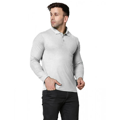 Men's Casual Full Sleeve Solid Cotton Blended Polo Neck T-shirt (L.Grey)