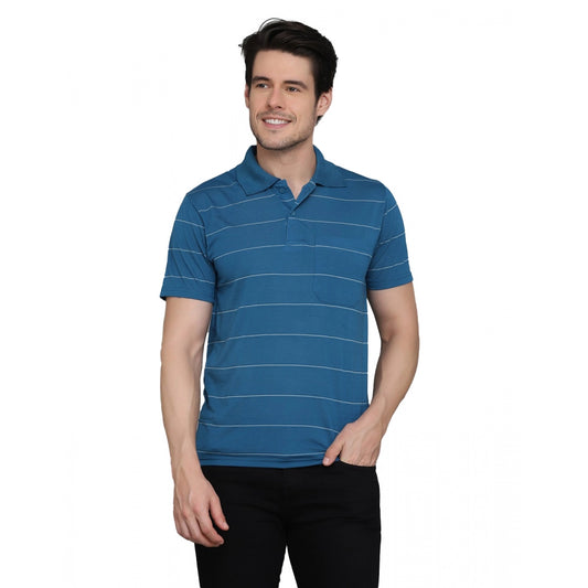 Men's Casual Half Sleeve Striped Cotton Blended Polo Neck T-shirt (Teel Blue)