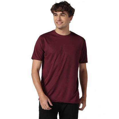 Men's Casual Half Sleeve Solid Polyester Round Neck T-shirt (Maron)