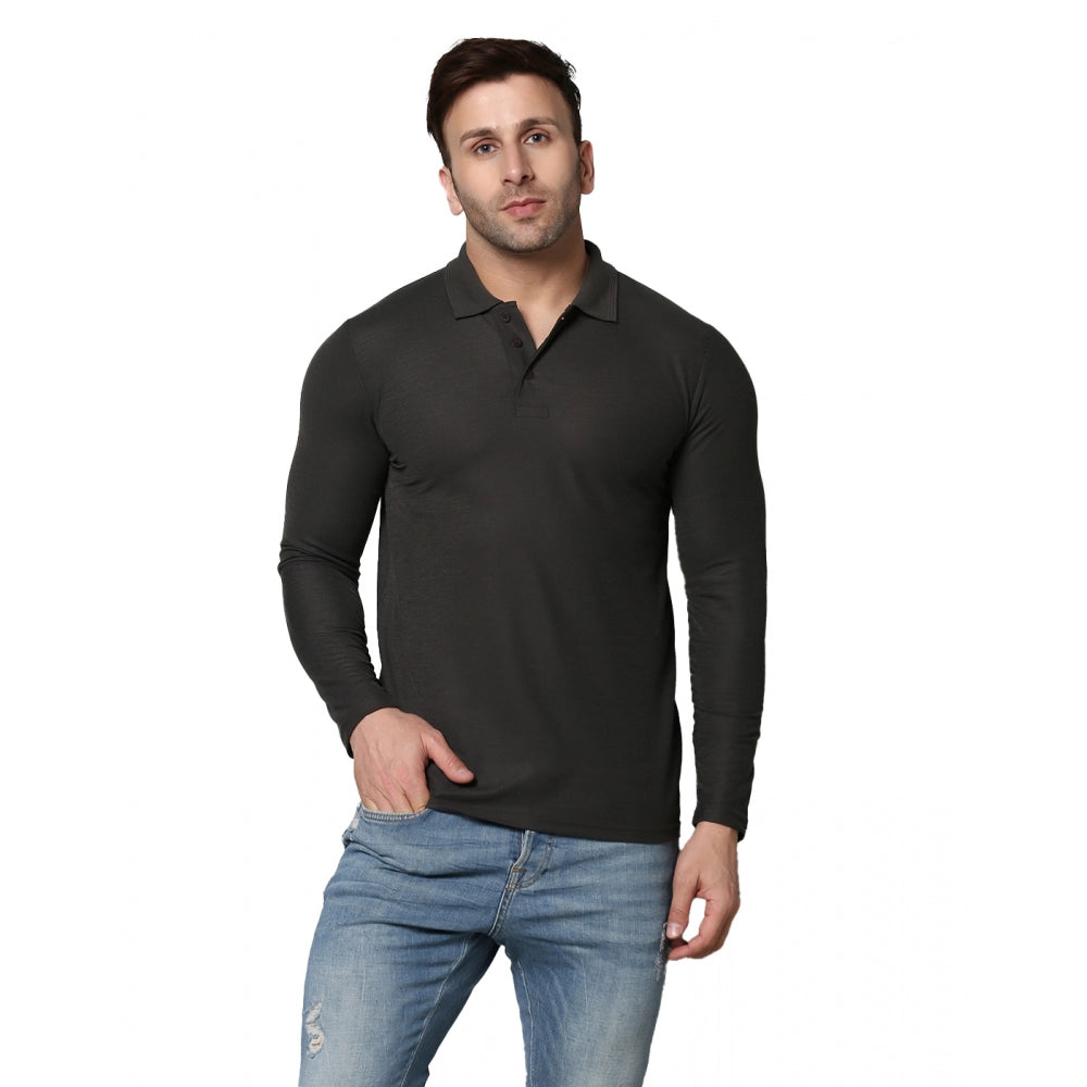 Men's Casual Full Sleeve Solid Cotton Blended Polo Neck T-shirt (D.Grey)