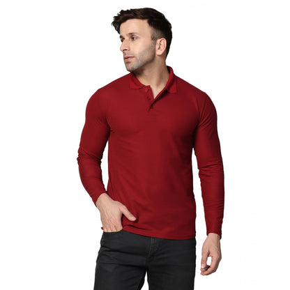 Men's Casual Full Sleeve Solid Cotton Blended Polo Neck T-shirt (Maroon)