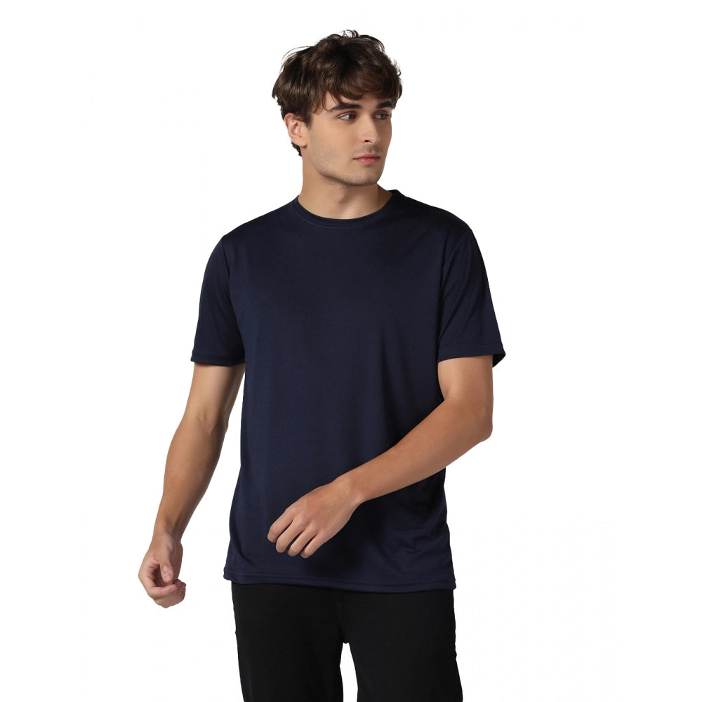 Men's Casual Half Sleeve Solid Polyester Round Neck T-shirt (Navy)