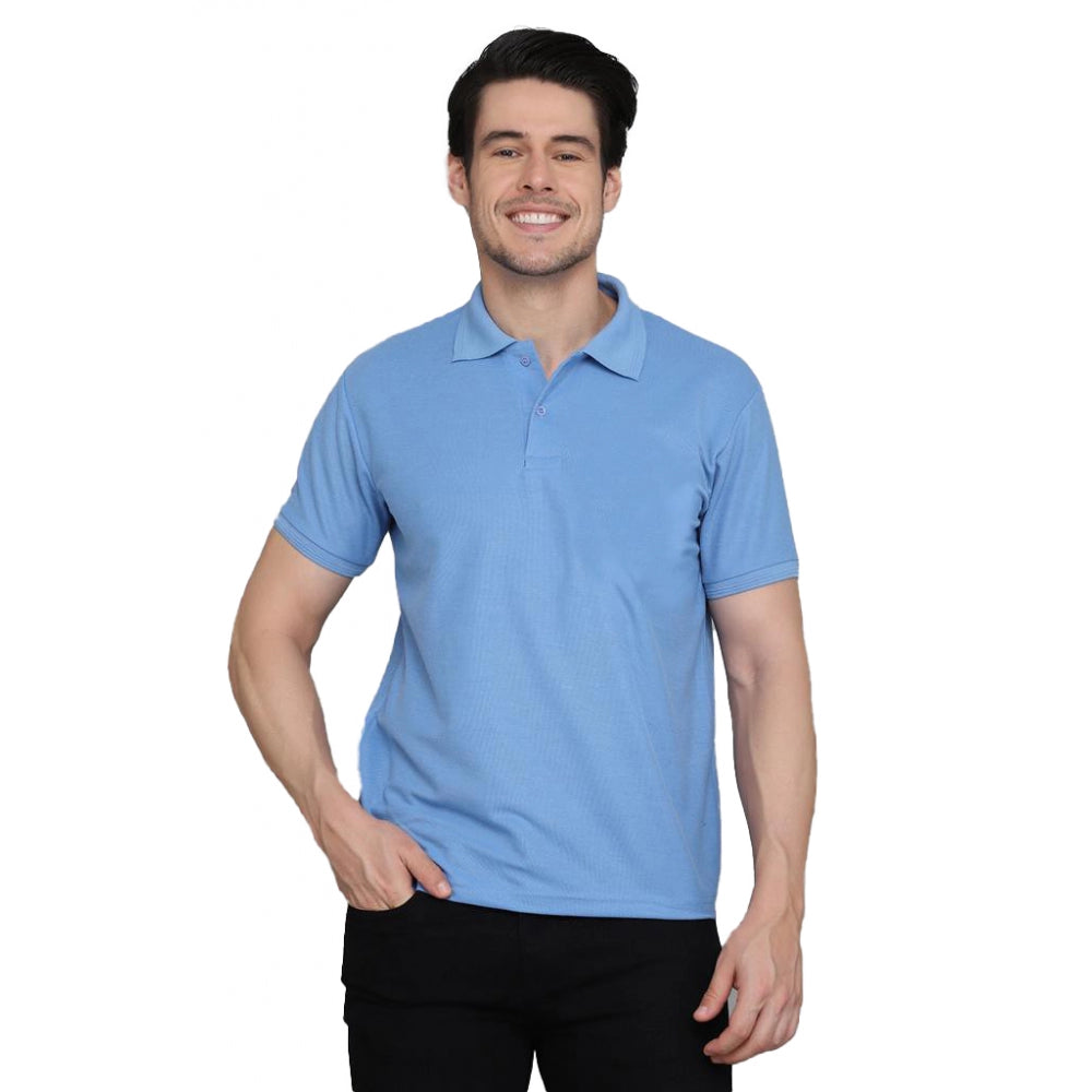 Men's Casual Half Sleeve Solid Cotton Blended Polo Neck T-shirt (Blue)