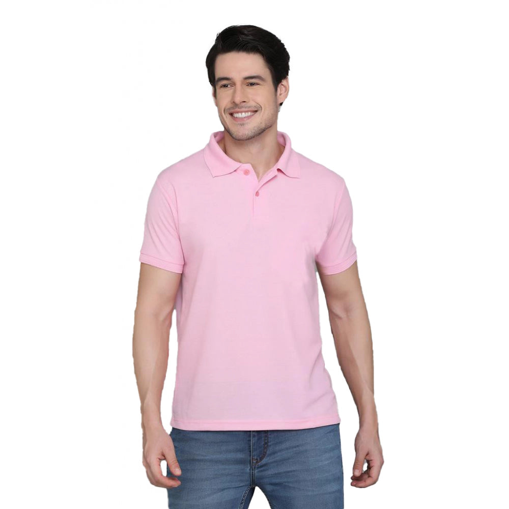 Men's Casual Half Sleeve Solid Cotton Blended Polo Neck T-shirt (Pink)