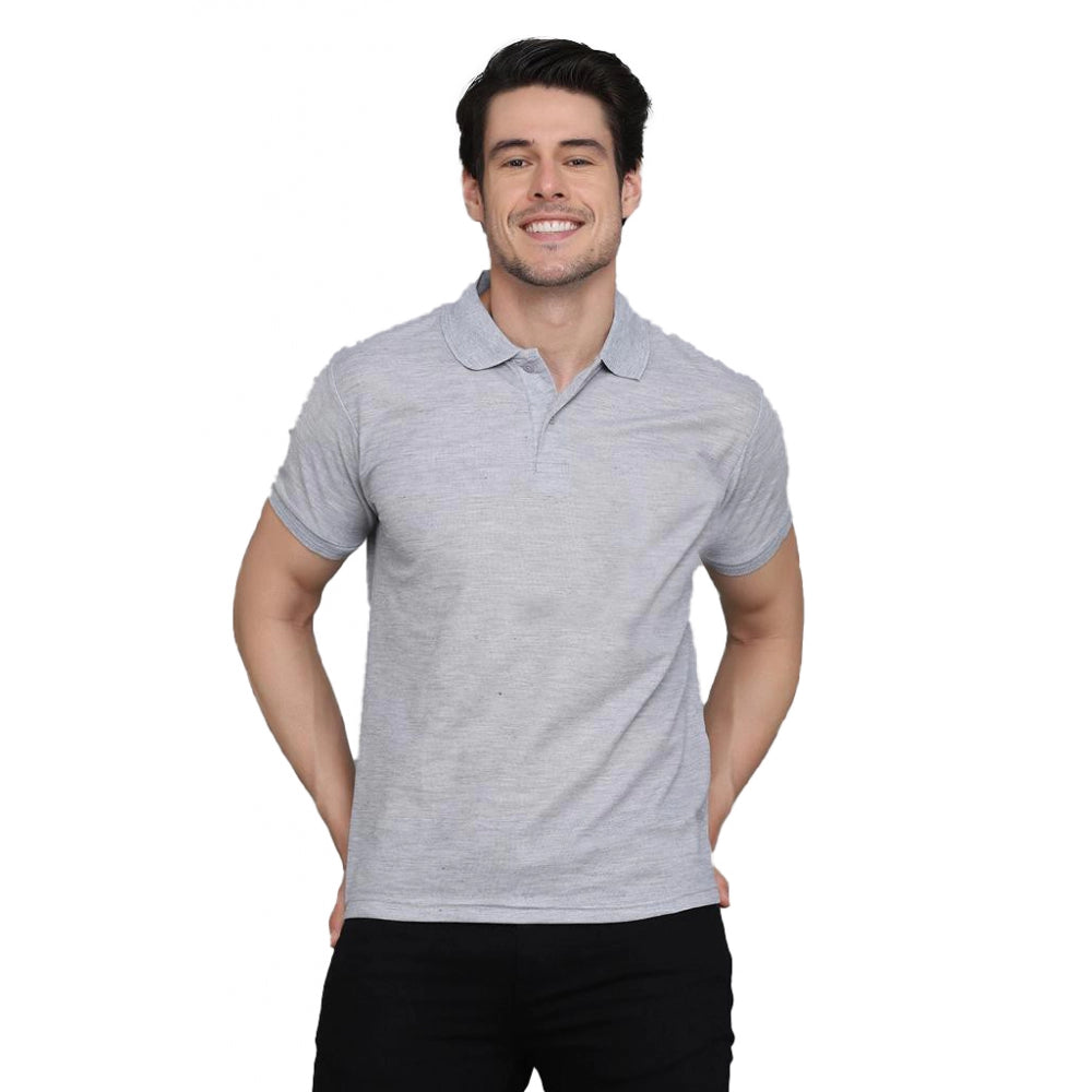 Men's Casual Half Sleeve Solid Cotton Blended Polo Neck T-shirt (Grey)