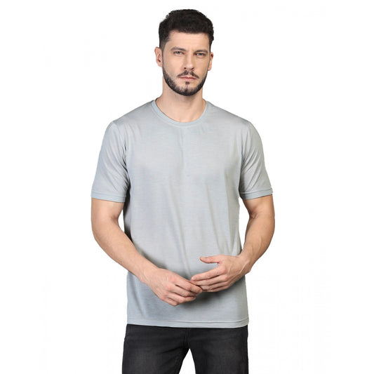 Men's Casual Half Sleeve Solid Cotton Blended Round Neck T-shirt (Grey)