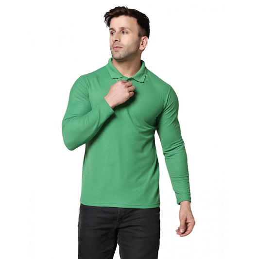 Men's Casual Full Sleeve Solid Cotton Blended Polo Neck T-shirt (P.Green)