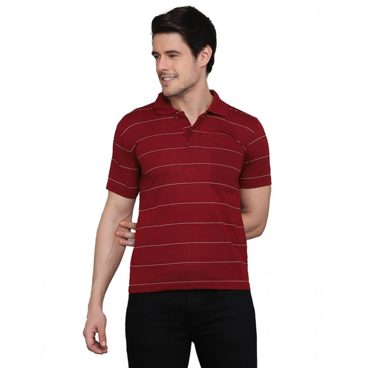 Men's Casual Half Sleeve Striped Cotton Blended Polo Neck T-shirt (Maroon)