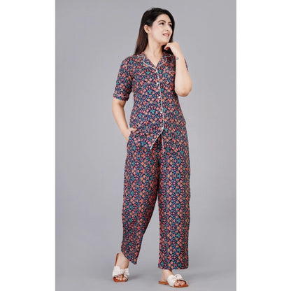 Women's Casual Half Sleeve Printed Viscose Rayon Shirt With Pyjama Pant Night Suit Set (Blue)