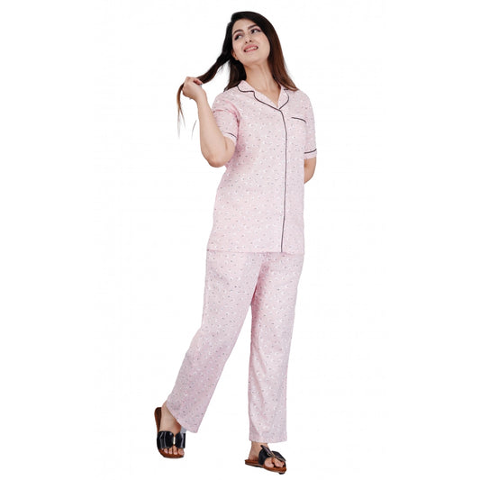 Women's Casual Half Sleeve Printed Viscose Rayon Shirt With Pyjama Pant Night Suit Set (Pink)