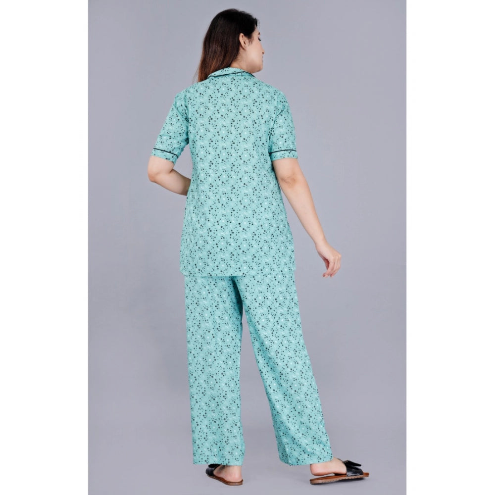 Women's Casual Half Sleeve Printed Viscose Rayon Shirt With Pyjama Pant Night Suit Set (Green)