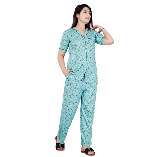 Women's Casual Half Sleeve Printed Viscose Rayon Shirt With Pyjama Pant Night Suit Set (Green)