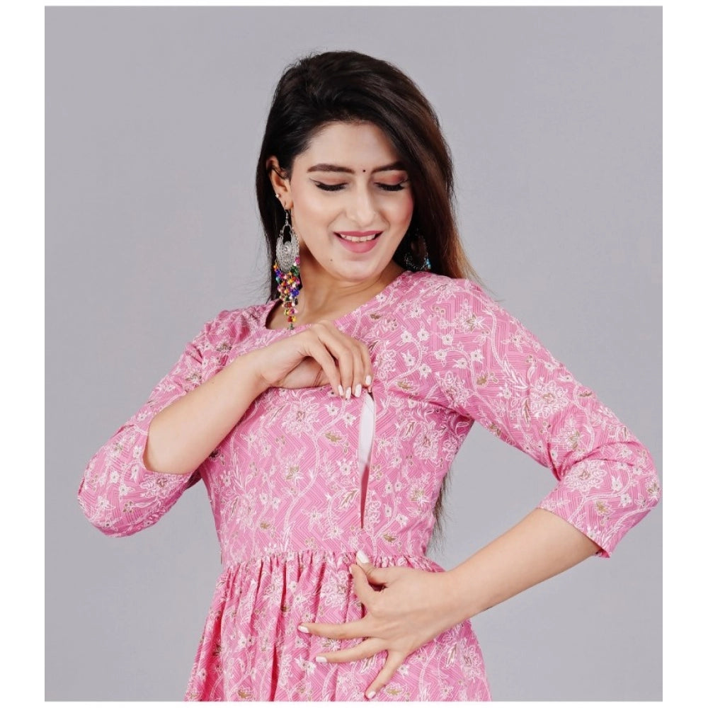 Women's Casual 3/4 Sleeve Printed Viscose Maternity Feeding Kurti (Baby Pink)