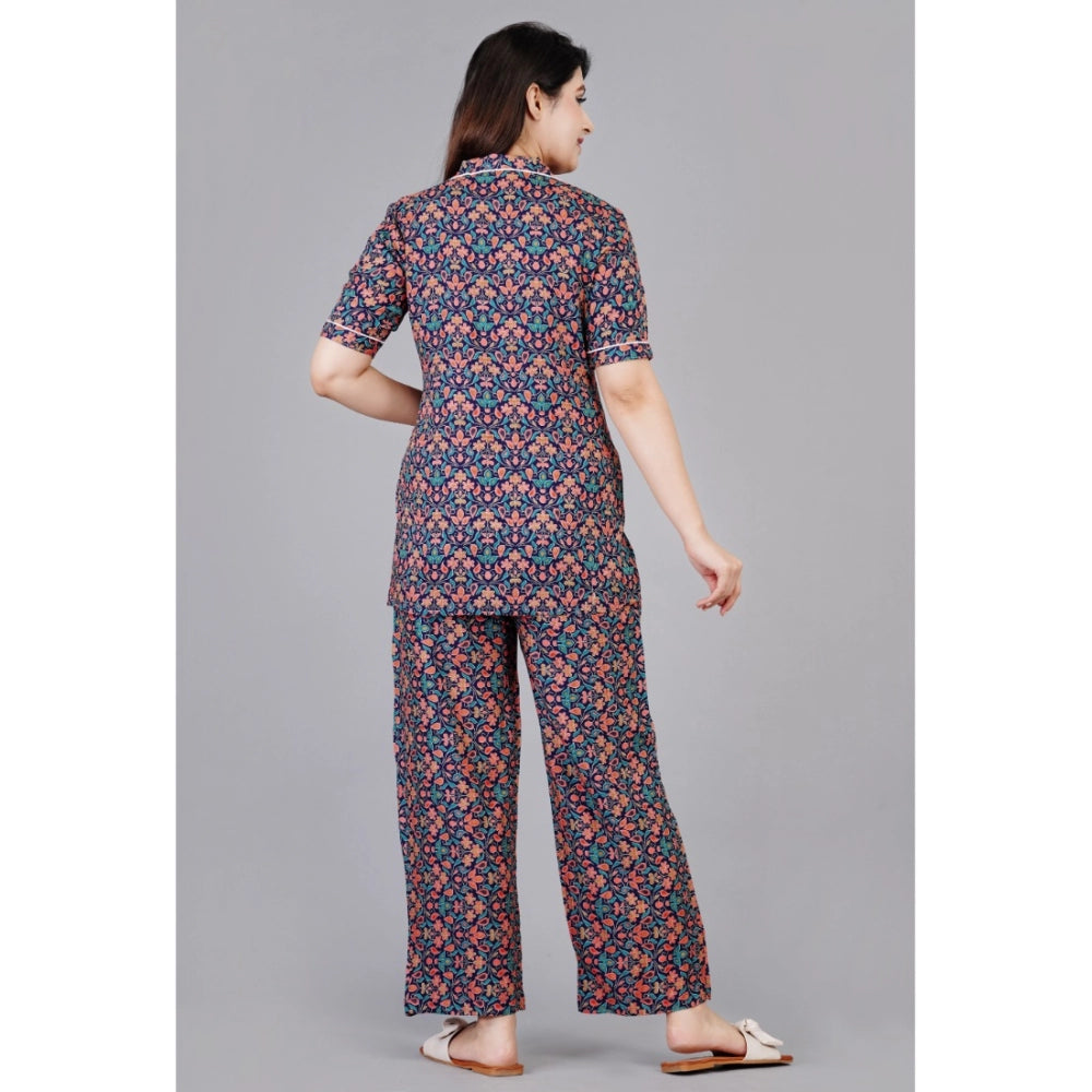 Women's Casual Half Sleeve Printed Viscose Rayon Shirt With Pyjama Pant Night Suit Set (Blue)