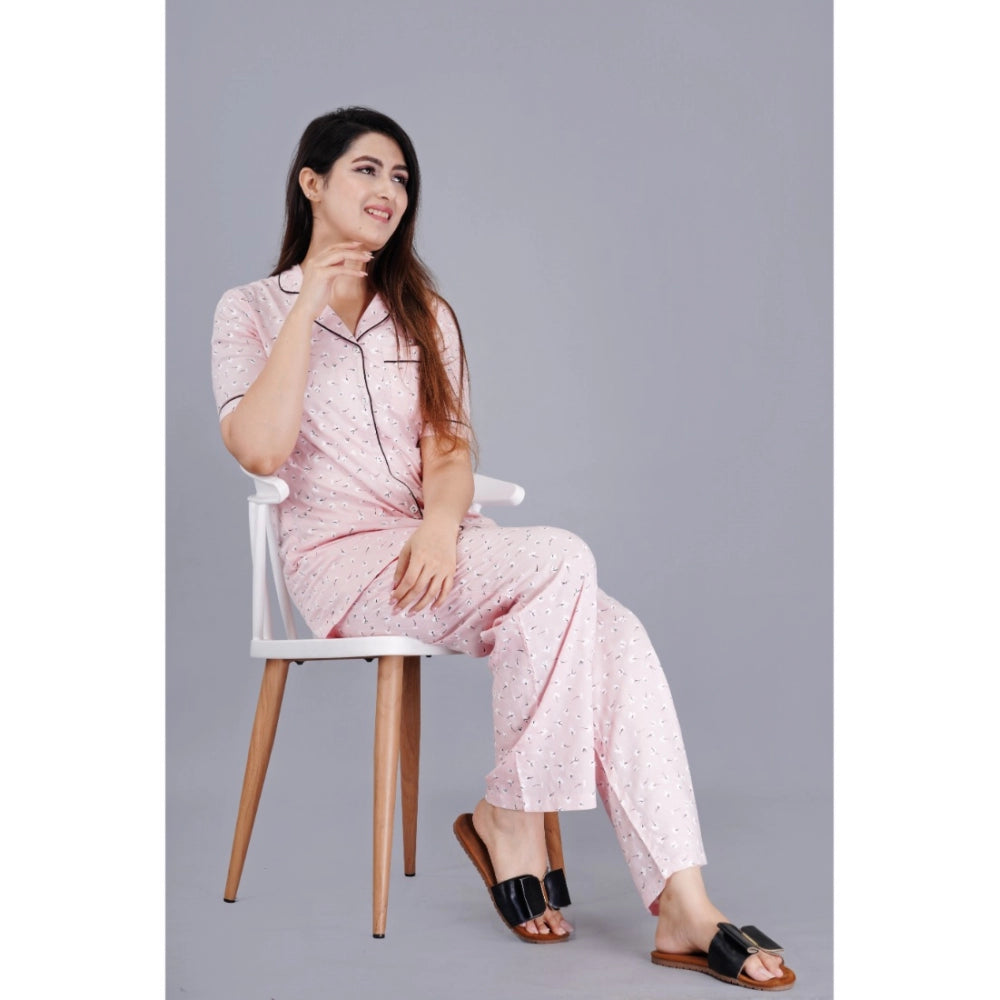 Women's Casual Half Sleeve Printed Viscose Rayon Shirt With Pyjama Pant Night Suit Set (Pink)