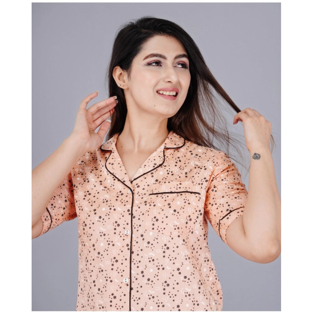 Women's Casual Half Sleeve Printed Viscose Rayon Shirt With Pyjama Pant Night Suit Set (Peach)