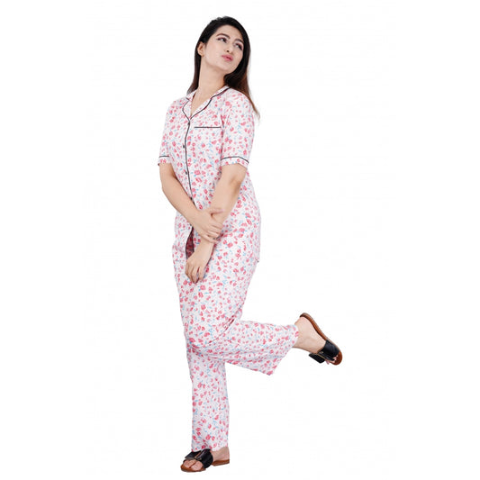 Women's Casual Half Sleeve Printed Viscose Rayon Shirt With Pyjama Pant Night Suit Set (Baby Pink)