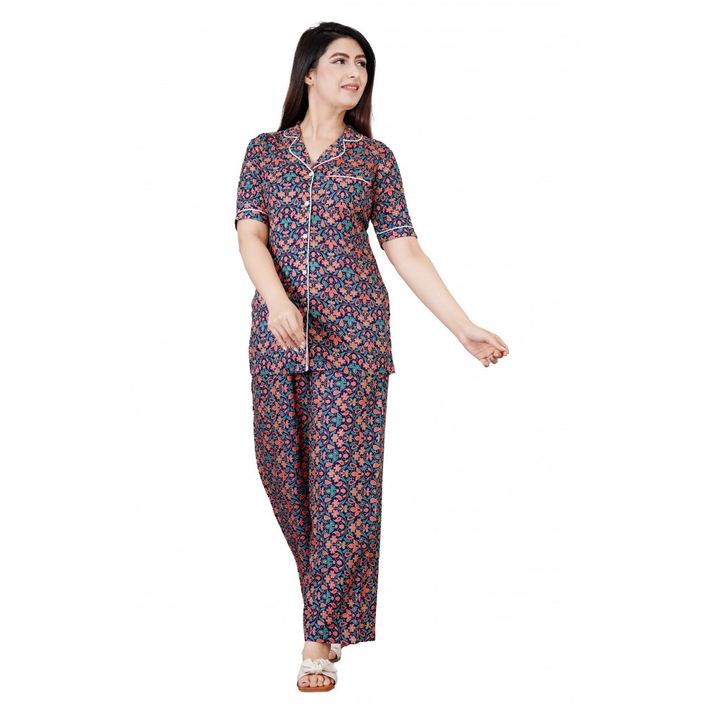 Women's Casual Half Sleeve Printed Viscose Rayon Shirt With Pyjama Pant Night Suit Set (Blue)