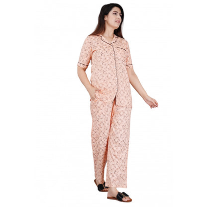 Women's Casual Half Sleeve Printed Viscose Rayon Shirt With Pyjama Pant Night Suit Set (Peach)