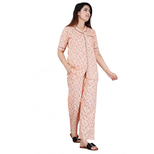 Women's Casual Half Sleeve Printed Viscose Rayon Shirt With Pyjama Pant Night Suit Set (Peach)