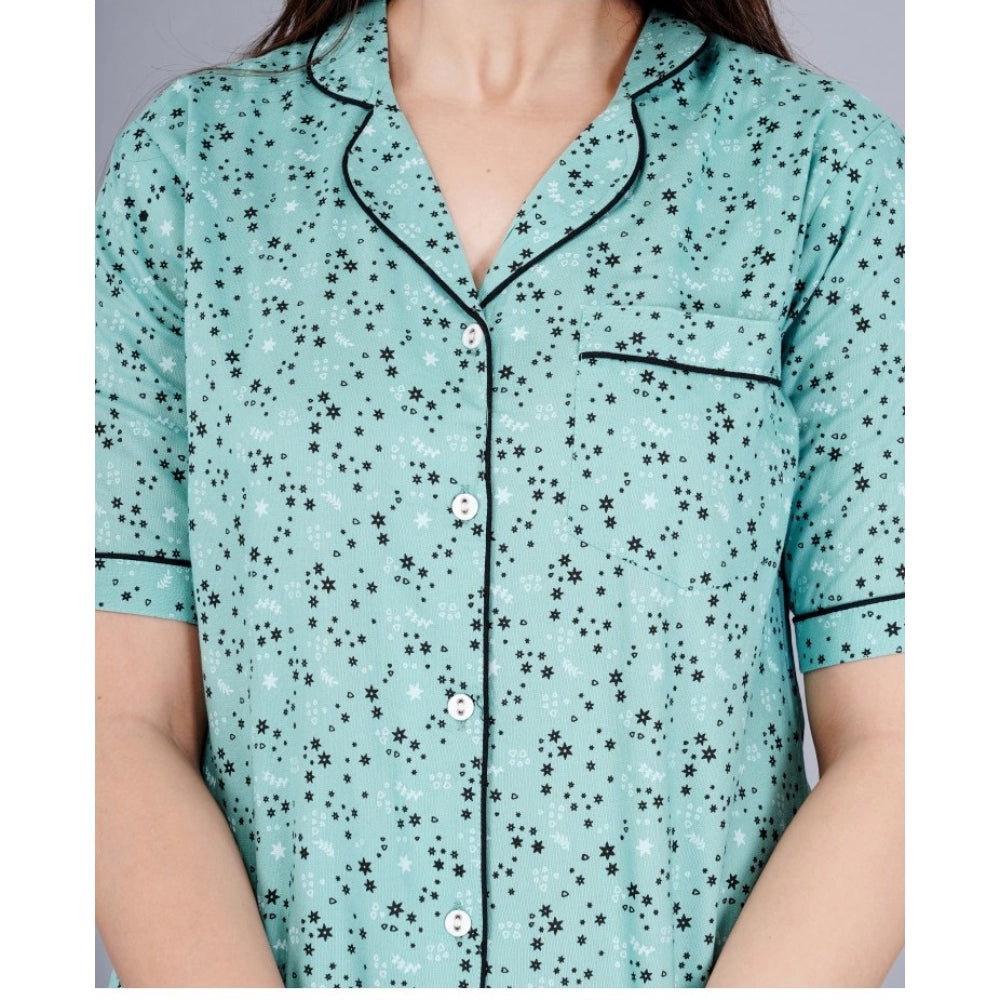 Women's Casual Half Sleeve Printed Viscose Rayon Shirt With Pyjama Pant Night Suit Set (Green)