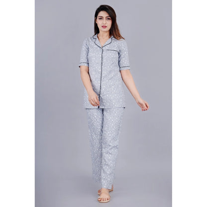 Women's Casual Half Sleeve Printed Viscose Rayon Shirt With Pyjama Pant Night Suit Set (Grey)