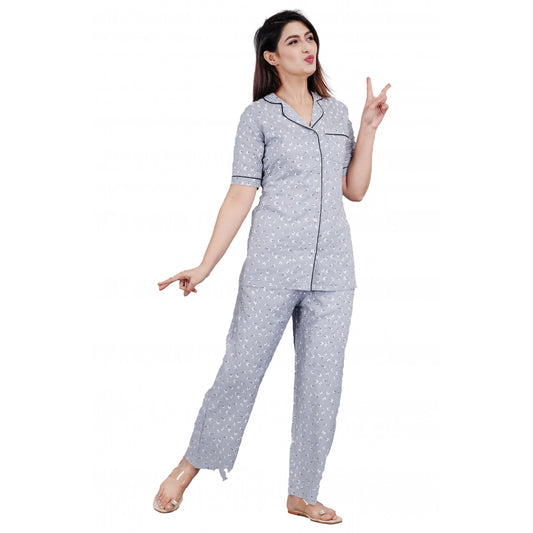 Women's Casual Half Sleeve Printed Viscose Rayon Shirt With Pyjama Pant Night Suit Set (Grey)