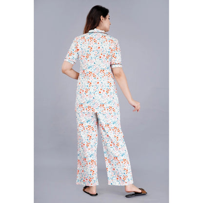 Women's Casual Half Sleeve Printed Viscose Rayon Shirt With Pyjama Pant Night Suit Set (White)