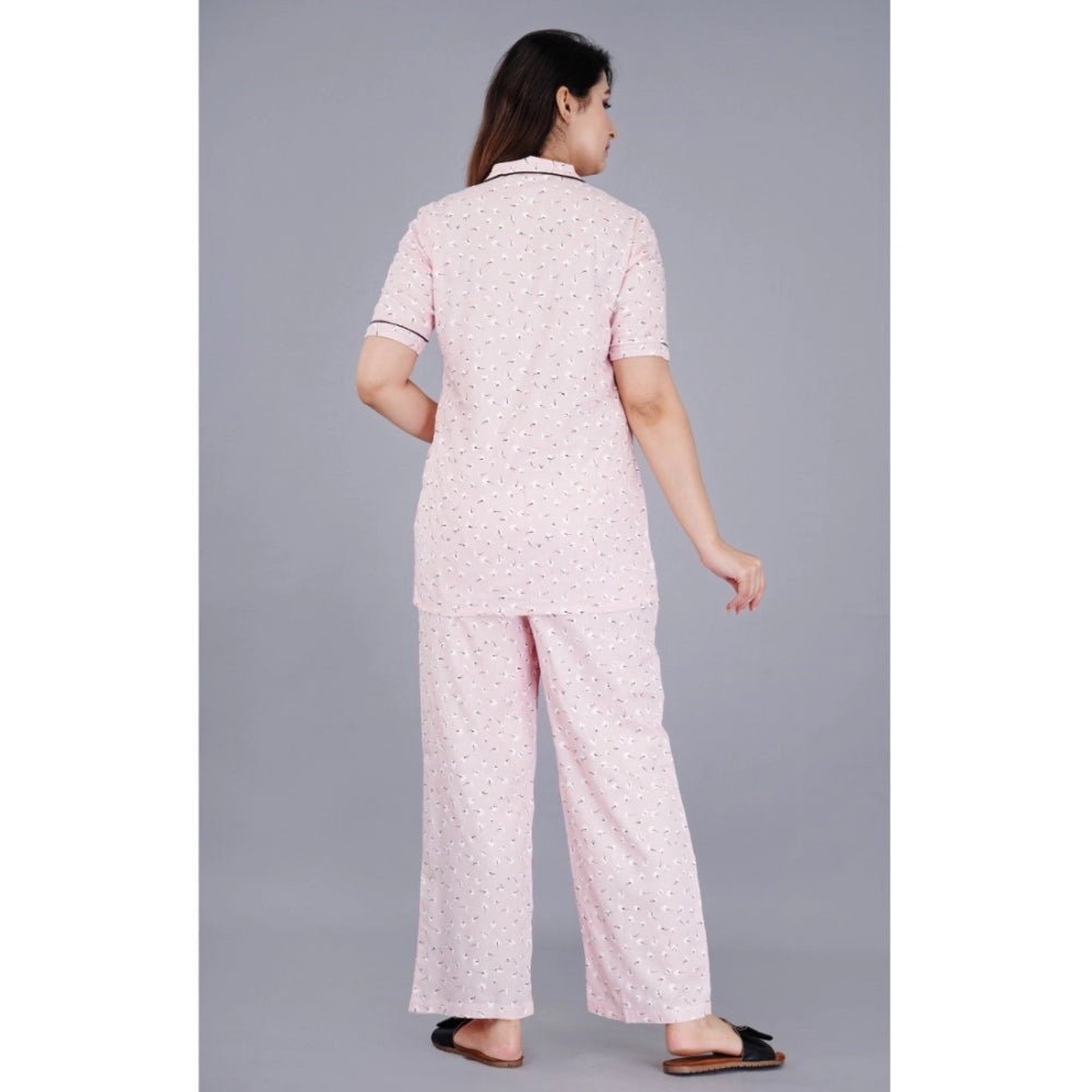 Women's Casual Half Sleeve Printed Viscose Rayon Shirt With Pyjama Pant Night Suit Set (Pink)