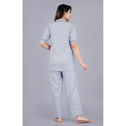 Women's Casual Half Sleeve Printed Viscose Rayon Shirt With Pyjama Pant Night Suit Set (Grey)