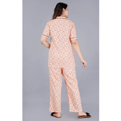 Women's Casual Half Sleeve Printed Viscose Rayon Shirt With Pyjama Pant Night Suit Set (Peach)