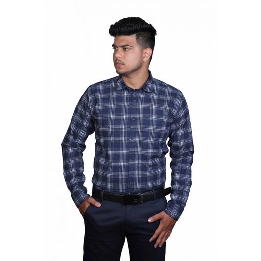 Generic Men's Cotton Lycra Full Sleeve Checked Casual Shirt (Navy Blue)