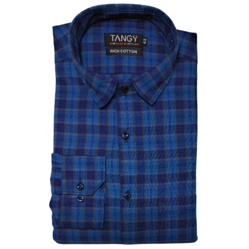 Men's Cotton Lycra Full Sleeve Checked Casual Shirt (Dark Blue)