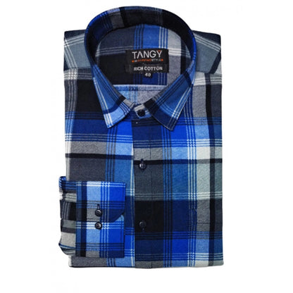 Generic Men's Cotton Lycra Full Sleeve Checked Casual Shirt (Blue)