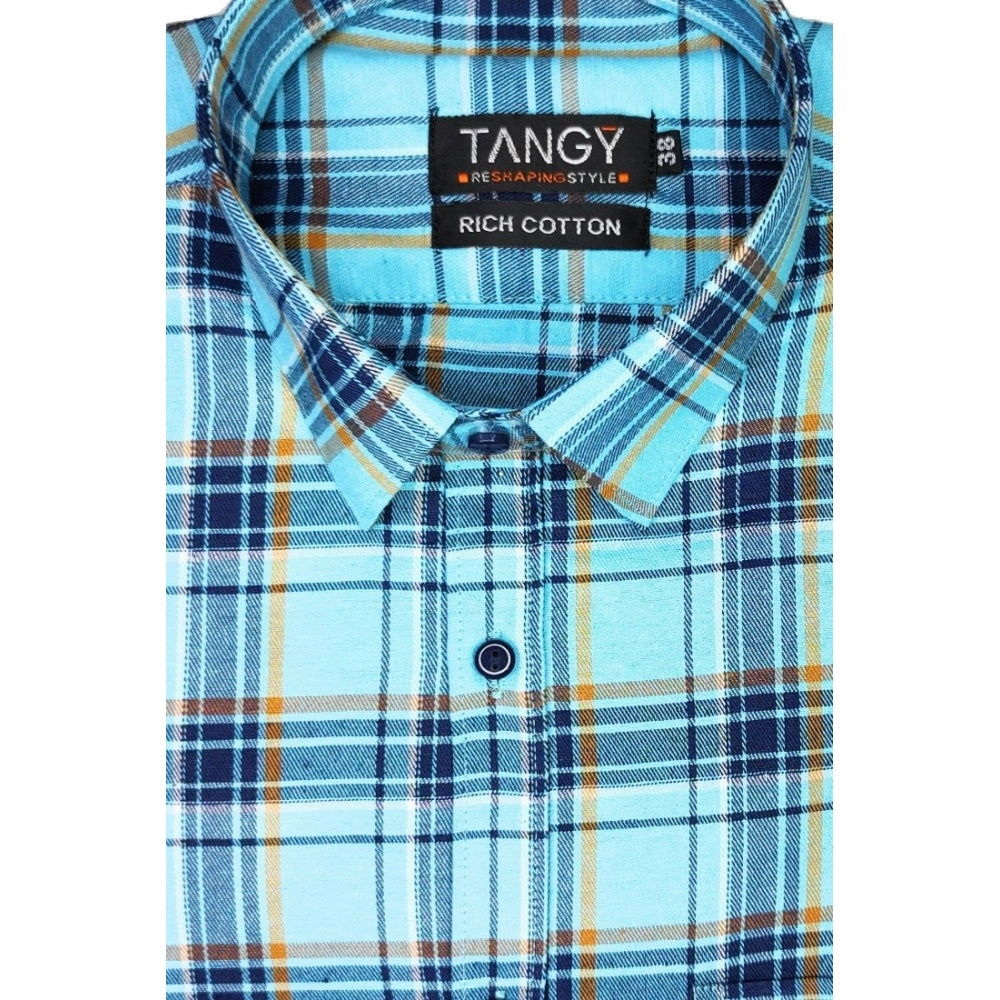 Men's Cotton Lycra Full Sleeve Checked Casual Shirt (Turquoise)