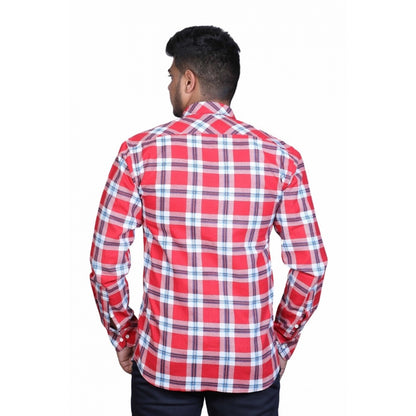 Generic Men's Cotton Lycra Full Sleeve Checked Casual Shirt (Red White)